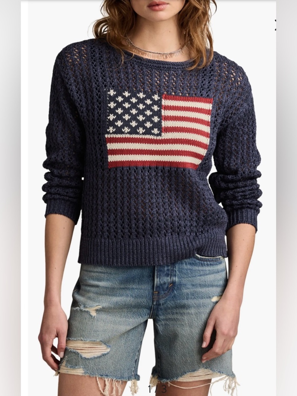 Lucky Brand Navy Open-Knit Crew Sweater with Flag Motif